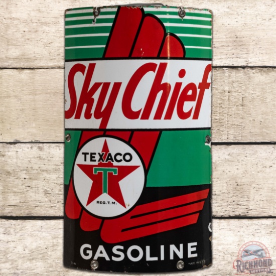 1940 Texaco Sky Chief Gasoline Curved SS Porcelain Gas Pump Plate Sign ...