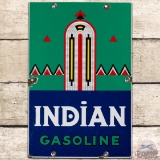 1940 Indian Gasoline SS Porcelain Pump Plate Sign 