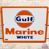 Gulf Marine White SS Porcelain Gas Pump Plate Sign w/ Logo