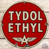 Tydol Ethyl Gasoline SS Porcelain Pump Plate Sign w/ Flying A Logo
