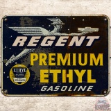 Regent Premium Ethyl Gasoline SS Tin Pump Plate Sign w/ Mercury Man
