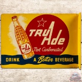 1951 Drink TruAde A Better Beverage DS Tin Flange Sign w/ Bottle