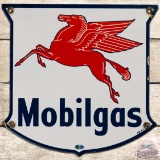 1947 Mobilgas SS Porcelain Gas Pump Plate Sign w/ Pegasus