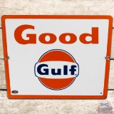 Good Gulf Gasoline SS Porcelain Pump Plate Sign w/ Logo