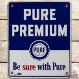 1950 Pure Premium SS Porcelain Gas Pump Plate Sign w/ Logo