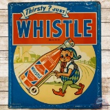 1948 Thirsty? Just Whistle Emb. SS Tin Sign w/ Elf & Bottle