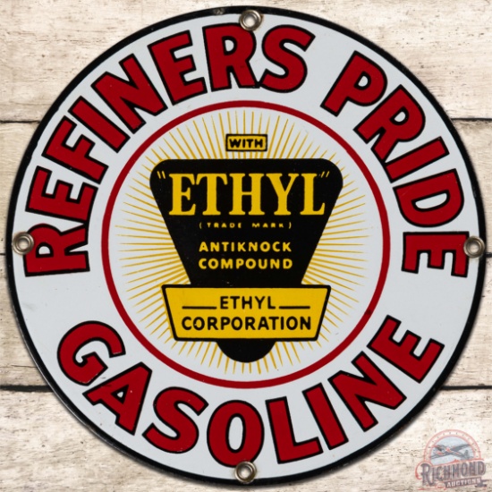 Refiners Pride Ethyl Gasoline SS Porcelain Pump Plate Sign w/ Logo