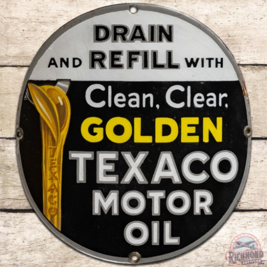 8" Drain and Refill Clean Clear Golden Texaco Motor Oil Curved SS Porcelain Pump Plate Sign "Small"