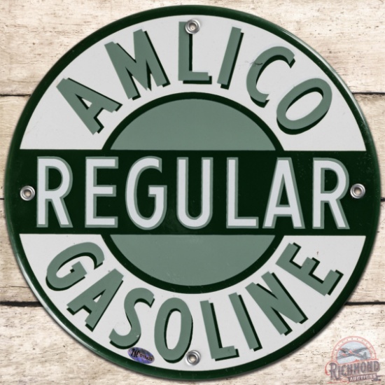 Amlico Regular Gasoline SS Porcelain Pump Plate Sign