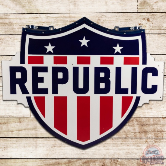 Republic Gasoline Die Cut DS Porcelain Shield Sign w/ Bracket