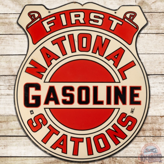 Scarce First National Gasoline Stations Die Cut DS Porcelain Sign