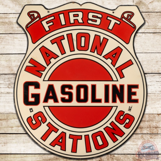 Scarce First National Gasoline Stations Die Cut DS Porcelain Sign