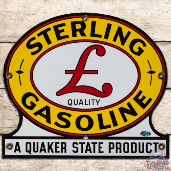 Sterling Quality Gasoline "Quaker State Product" SS Porcelain Pump Plate Sign