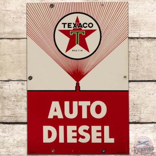 1956 Texaco Auto Diesel SS Tin Gas Pump Plate Sign "White T"