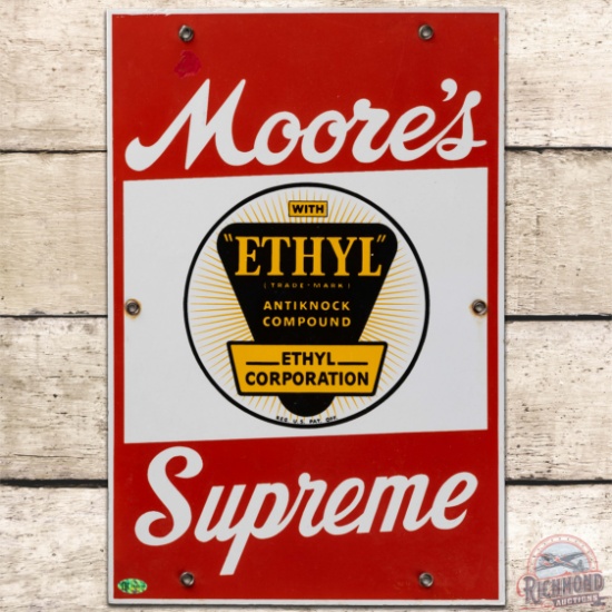 Moore's Supreme Ethyl SS Porcelain Gas Pump Plate Sign w/ Logo