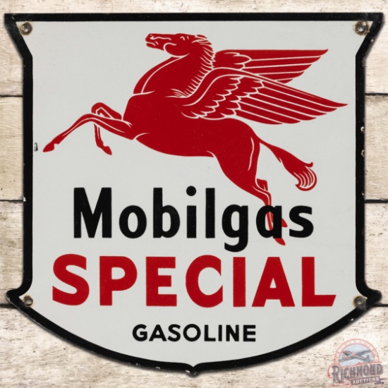 Mobilgas Special Gasoline SS Porcelain Pump Plate Sign w/ Pegasus