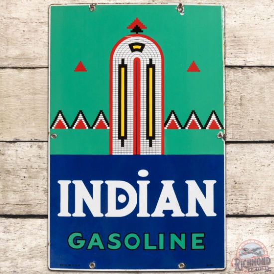 1941 Indian Gasoline SS Porcelain Pump Plate Sign