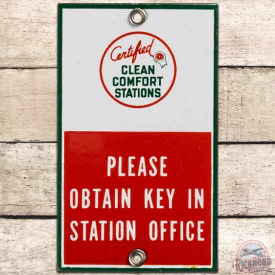 NOS Associated Clean Comfort Stations SS Porcelain Door Push Sign w/ Logo