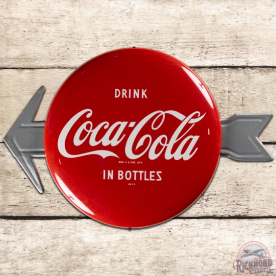 Drink Coca Cola 16" SS Tin Button Sign w/ Arrow