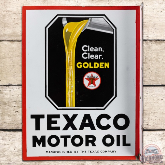 Texaco Motor Oil Clean Clear Golden DS Porcelain Flange Sign