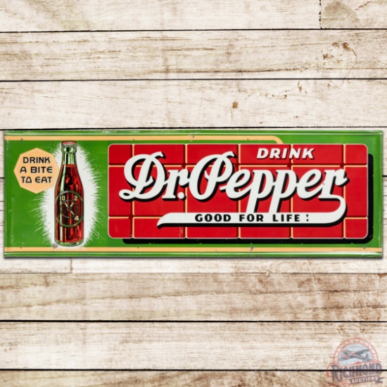 Scarce 1937 Drink Dr. Pepper Drink a Bite to Eat Emb. SS Tin Sign w/ Bottle