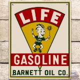 NOS Life Gasoline Barnett Oil Co. SS Tin Pump Plate Sign w Elf