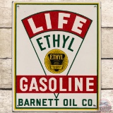 NOS Life Ethyl Gasoline Barnett Oil Co. SS Tin Pump Plate Sign