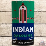 1940 Indian Gasoline Curved SS Porcelain Pump Plate Sign w/ The Texas Co Attachment