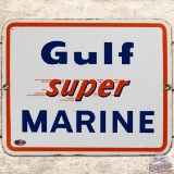 Gulf Super Marine SS Porcelain Gas Pump Plate Sign w/ Speed Lines