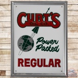 NOS Curt's Oil Co Power Packed Regular Emb. SS Tin Pump Plate Sign