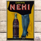 Drink Nehi Beverages Embossed SS Tin Sign w/ Bottle & Legs