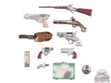 Lot Assorted Vintage Snap Cap Toy Pistols, General Patton's Folder Knife & Button