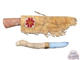 Two Unique Wasicun Obsidian Stone Carved Flintknap Knives & One Leather Sheath