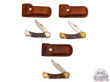 Three Schrade Model LB7 Lockback Folder Knives with Leather Cases