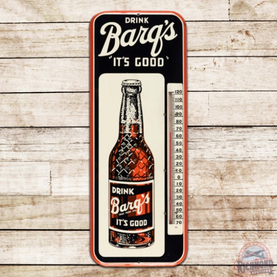 1953 Drink Barq's Root Beer "It's Good" Single Sided Tin Thermometer Sign w/ Bottle
