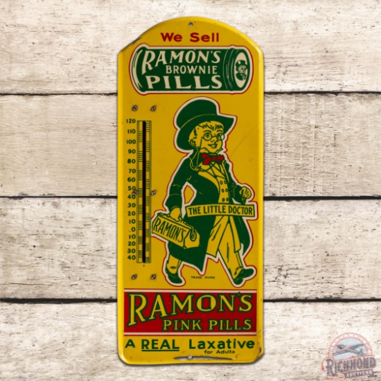 Ramon's Brownie Pills "A Real Laxative" Single Sided Tin Thermometer Sign