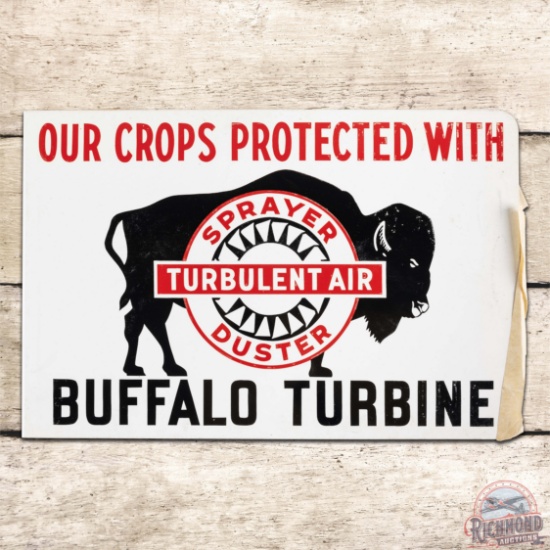 NOS 1954 Buffalo Turbine "Crops Protected" Double Sided Tin Flange Sign w/ Logo