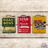 Group of Three 2 Gallon Motor Oil Automobile Themed Cans Road Boss Grand Champion Star