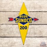 Blue Sunoco 200 Gasoline Die Cut Single Sided Porcelain Pump Plate Sign