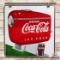 Nice Drink Coca-Cola Ice Cold Double Sided Porcelain Sign w/ Motor Boat Dispenser & Glass