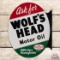Superb 1951 Ask for Wolf's Head Motor Oil Double Sided Tin Flange Sign w/ Logo