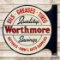 1945 Worthmore Oils Greases Tires Batteries Farm & Auto Supplies Double Sided Tin Flange Sign