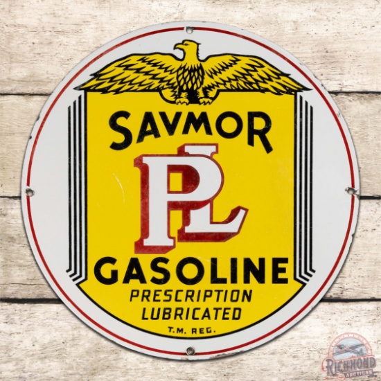 Scarce Savmor PL Gasoline Single Sided Porcelain Pump Plate Sign w/ Eagle Oklahoma City