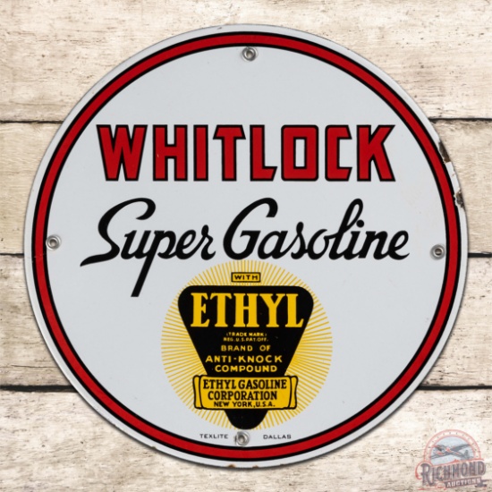 Terrific Whitlock Ethyl Super Gasoline Single Sided Porcelain Pump Plate Sign w/ Logo