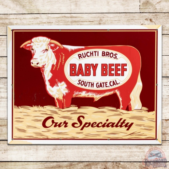 Ruchti Bros. Baby Beef "Our Specialty" South Gate California Single Sided Porcelain Sign w/ Bull