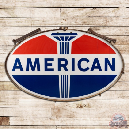 Superb 1964 American Gasoline Double Sided Porcelain ID Sign w/ Ring