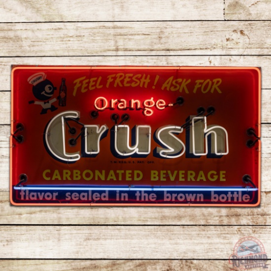 Orange Crush Carbonated Beverages Emb. Single Sided Tin Neon Sign w/ Crushy