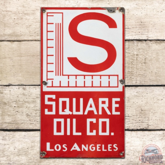 Rare Square Oil Co. Gasoline Single Sided Porcelain Pump Plate Sign Los Angeles CA