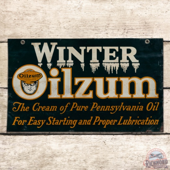 Winter Oilzum "The Cream of Pure Pennsylvania Oil" Double Sided Tin Sign