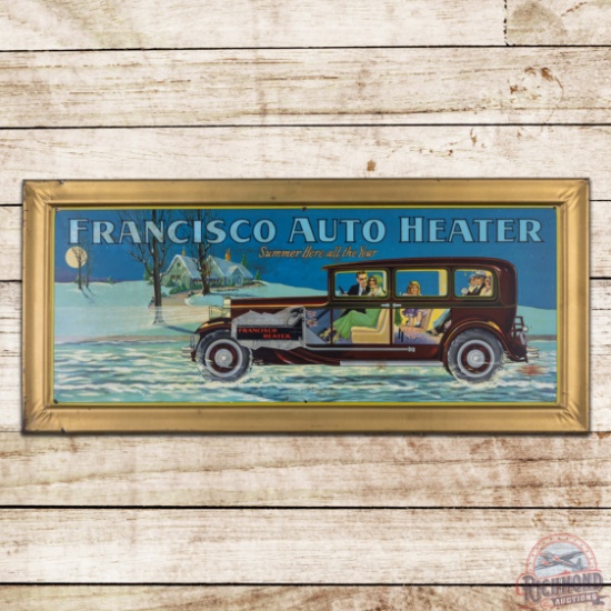 Francisco Auto Heater "Summer Here all the Year" Single Sided Tin Lithographic Sign w/ Touring Car